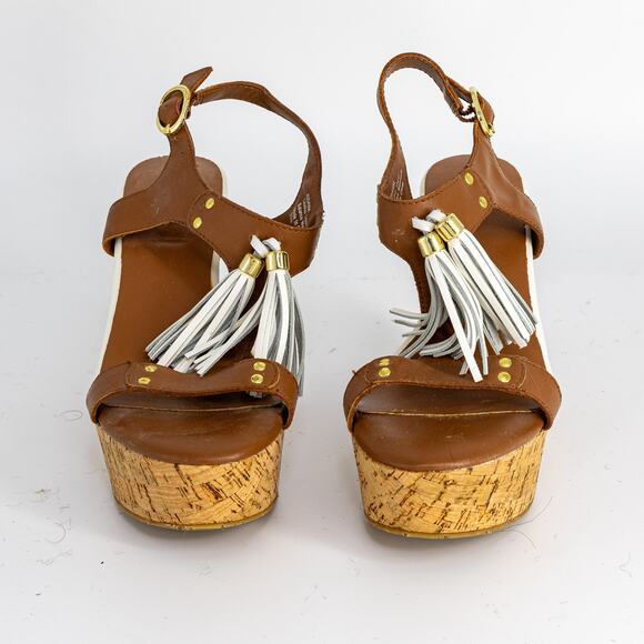 G.I.L.I. Kate Tassel Wedge Sandals US Size 5.5 Leather Cork Platform NEW - Picture 1 of 15